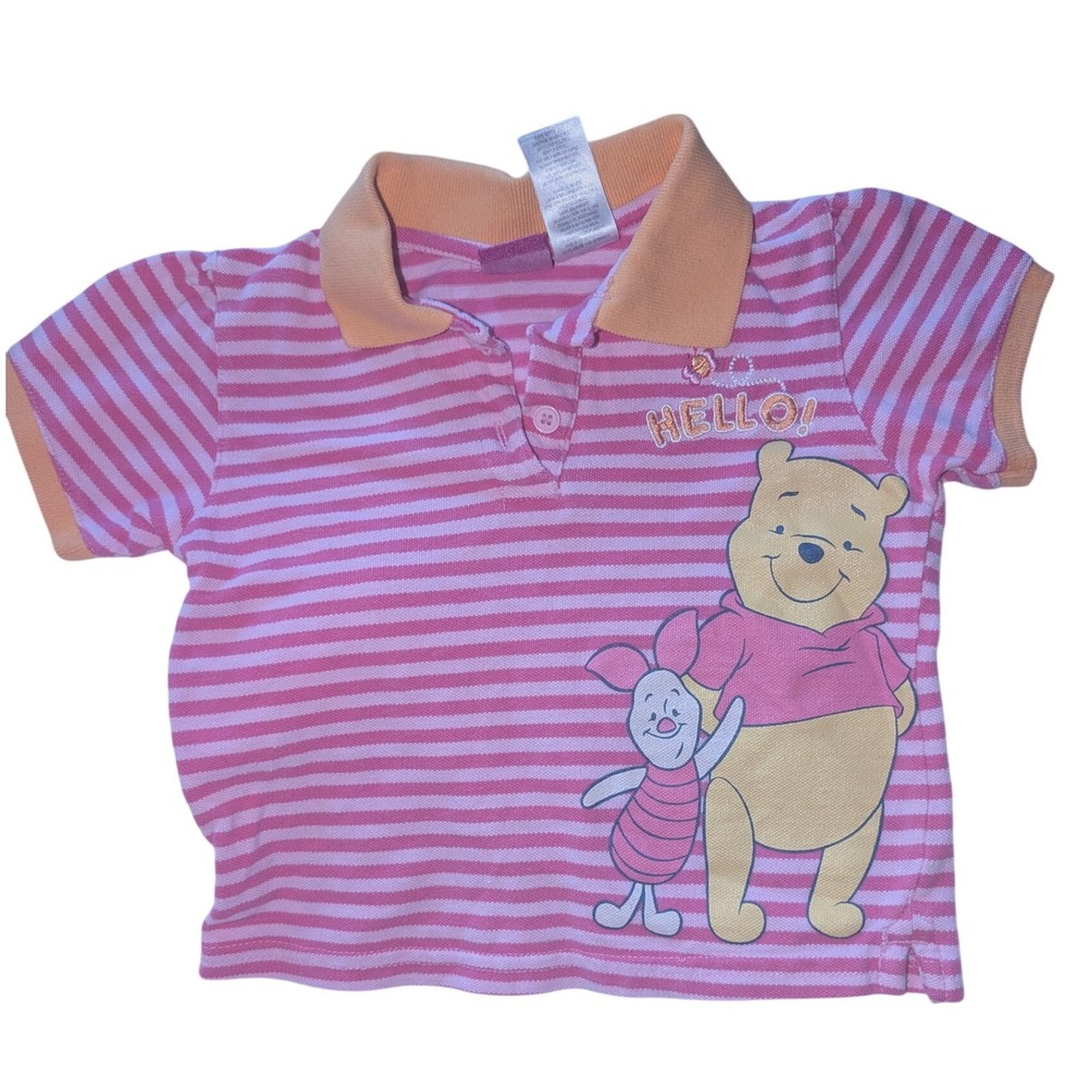 Vintage Disney Kids Winnie the Pooh Piglet Striped Polo Shirt Pink‎ Orange 5T